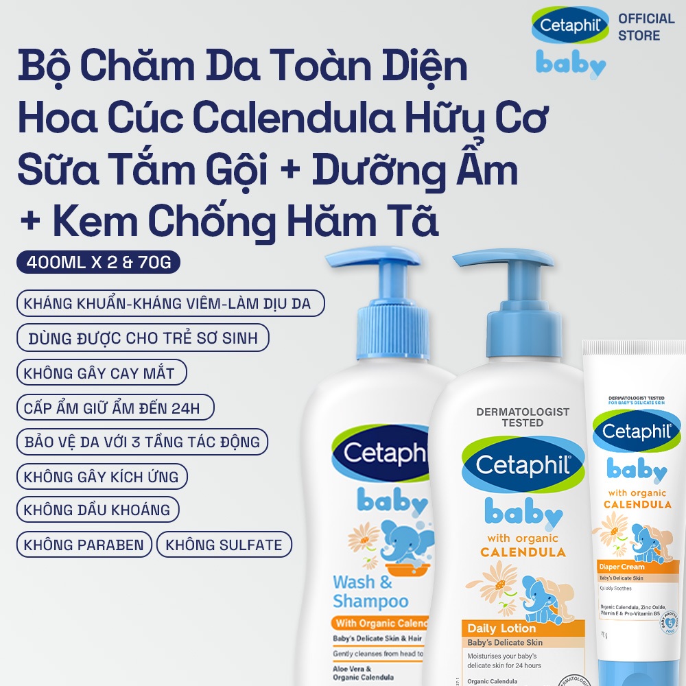 Bộ Sữa tắm gội 400ML + Sữa dưỡng ẩm 400ML + Kem chống hăm tã 70G dịu lành cho bé với Calendula hoa cúc hữu cơ