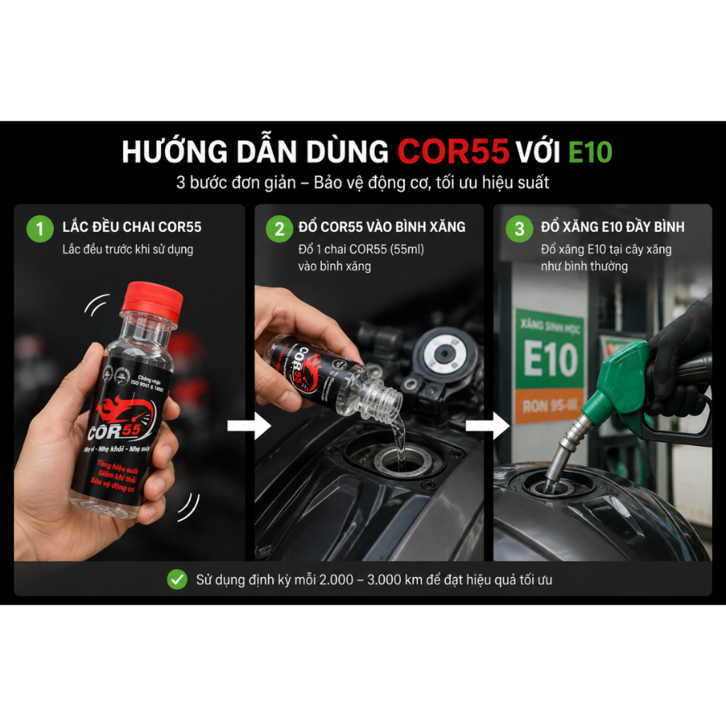 PHỤ GIA COR55 CHO XĂNG E10,E5,VÀ DẦU DIESEL :TIẾT KIỆM NHIÊN LIỆU,ĐẶC TRỊ  KHÓI,BẢO VỆ ĐỘNG CƠ