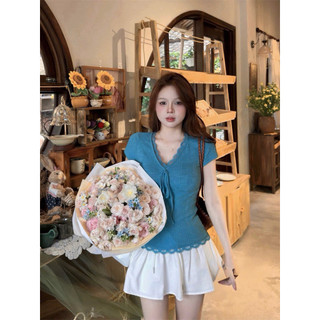 •𝙆𝙞𝙣𝙜𝙨𝙝𝙤𝙥𝙗𝙚𝙖𝙪𝙩𝙮•Áo Thun Tăm Xanh Cổ Ren Nơ QC