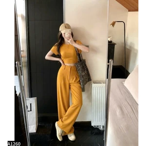 Set bộ áo thun crotop phối quần culottes cạp cao 2 màu vàng, hồng A1260