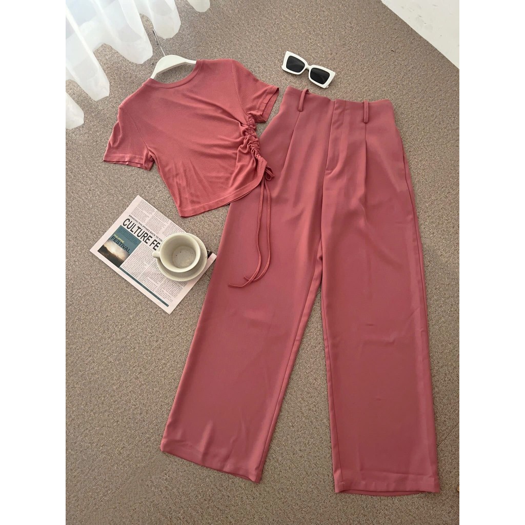 Set bộ áo thun crotop phối quần culottes cạp cao 2 màu vàng, hồng A1260
