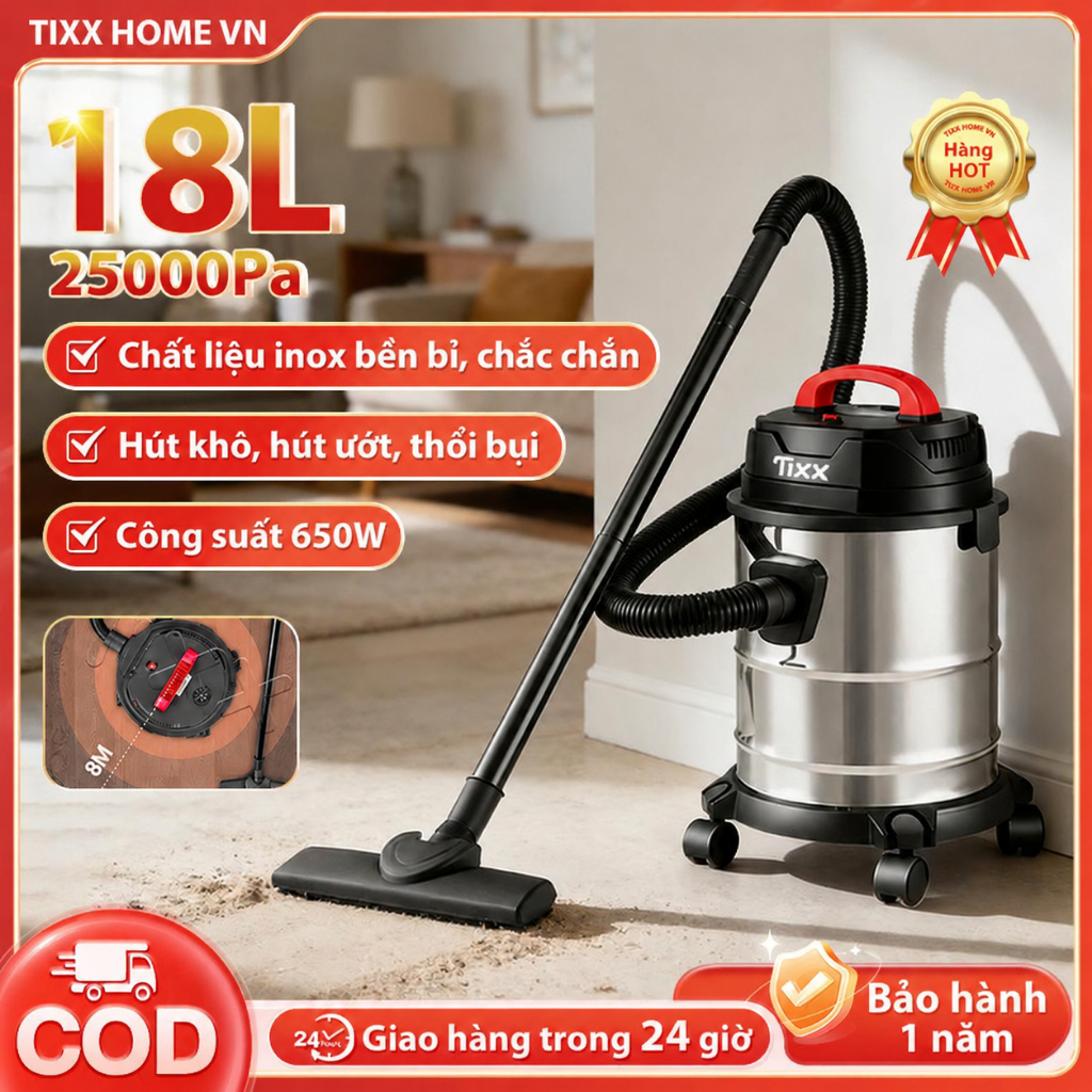 Tixx Máy hút bụi 18L 650W máy hút bụi chân không Thùng inox bền bỉ Lực hút mạnh mẽ