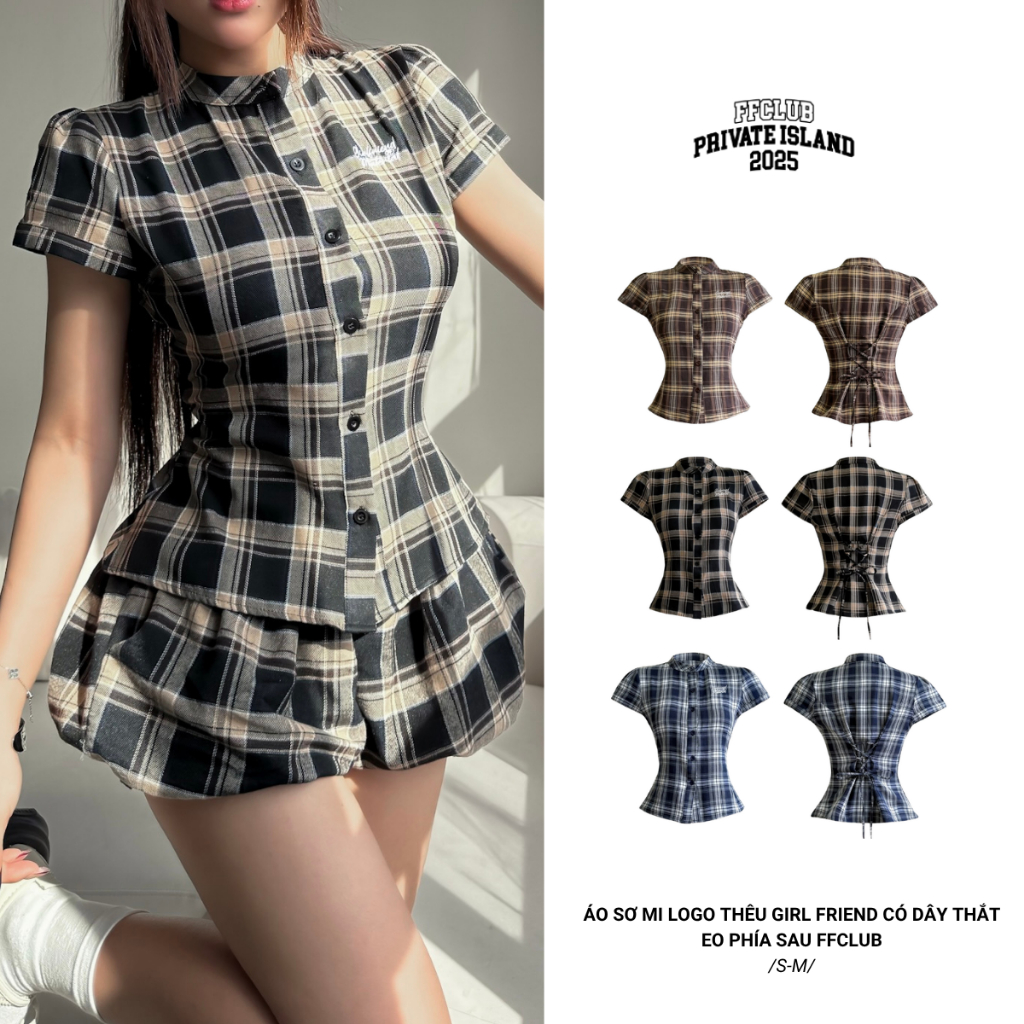 Áo sơ mi Caro chiết eo ôm tôn dáng đằng sau Thêu GIRL FRIEND FFCLUB