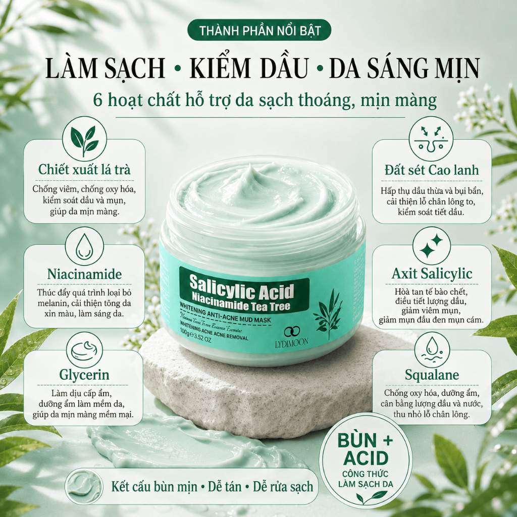 LYDIMOON Mặt nạ đất sét axit salicylic 100g, loại bỏ mụn đầu đen kiềm dầu sạch mụn dưỡng trắng sáng da