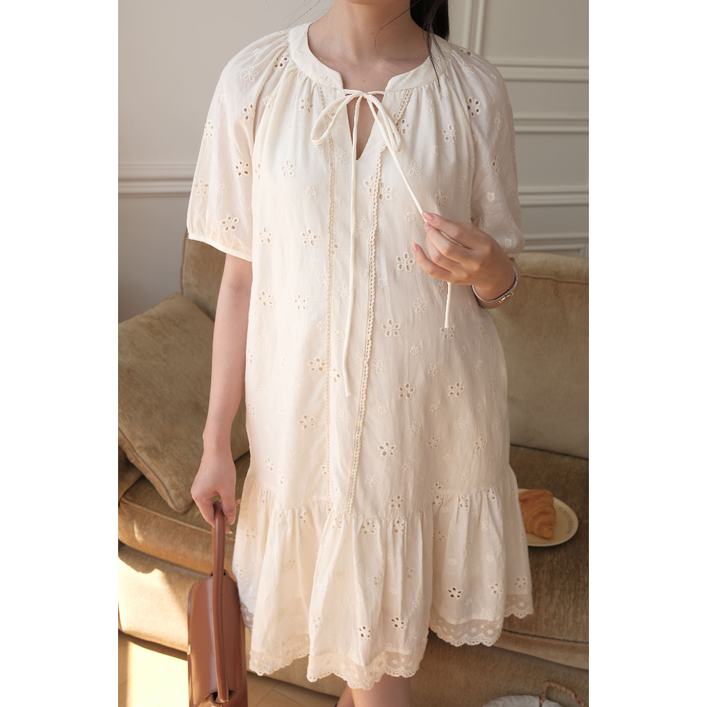 Váy bầu suông hè Flory Dress chất liệu thô boi thêu hoa cao cấp phối đuôi váy xếp li thiết kế-L'AMME