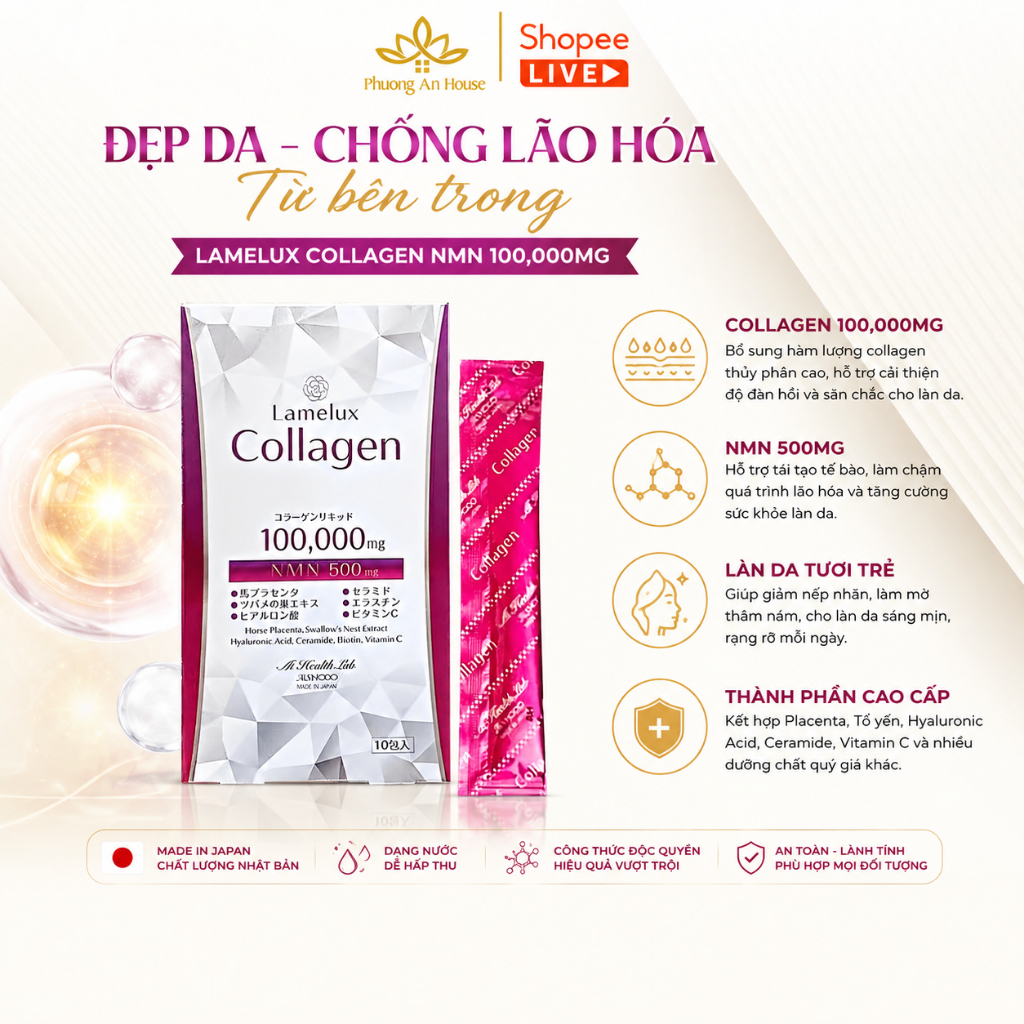 Nước uống Collagen & NMN 100000mg Lamelux Aishodo giúp đẹp da (12gr x 10 gói) Phương An House