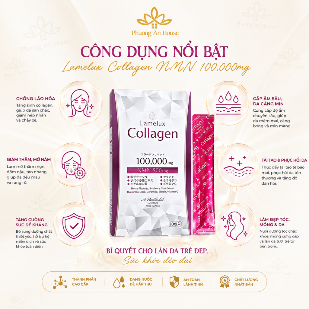 Nước uống Collagen & NMN 100000mg Lamelux Aishodo giúp đẹp da (12gr x 10 gói) Phương An House