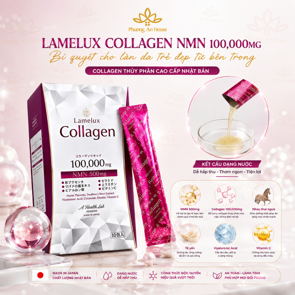 Nước uống Collagen & NMN 100000mg Lamelux Aishodo giúp đẹp da (12gr x 10 gói) Phương An House
