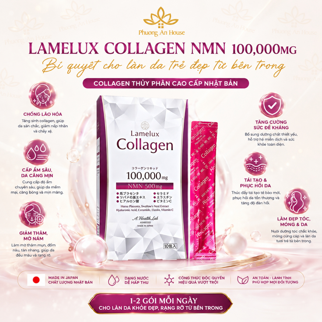 Nước uống Collagen & NMN 100000mg Lamelux Aishodo giúp đẹp da (12gr x 10 gói) Phương An House
