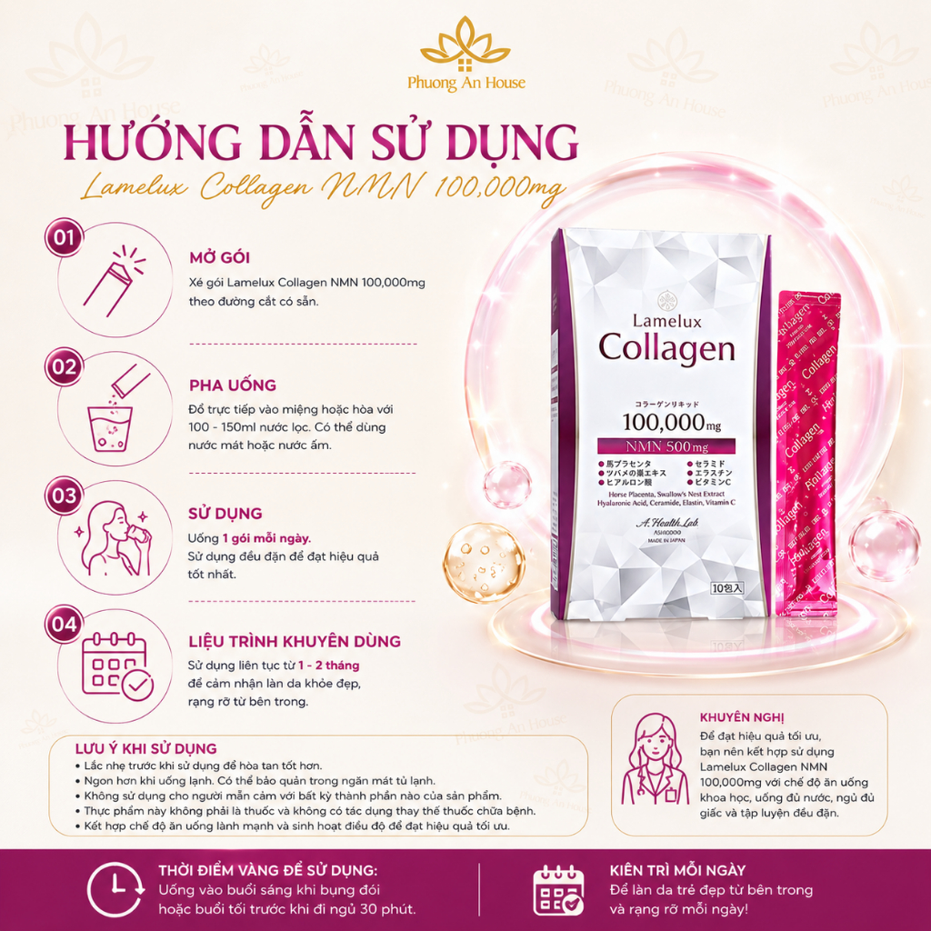 Nước uống Collagen & NMN 100000mg Lamelux Aishodo giúp đẹp da (12gr x 10 gói) Phương An House