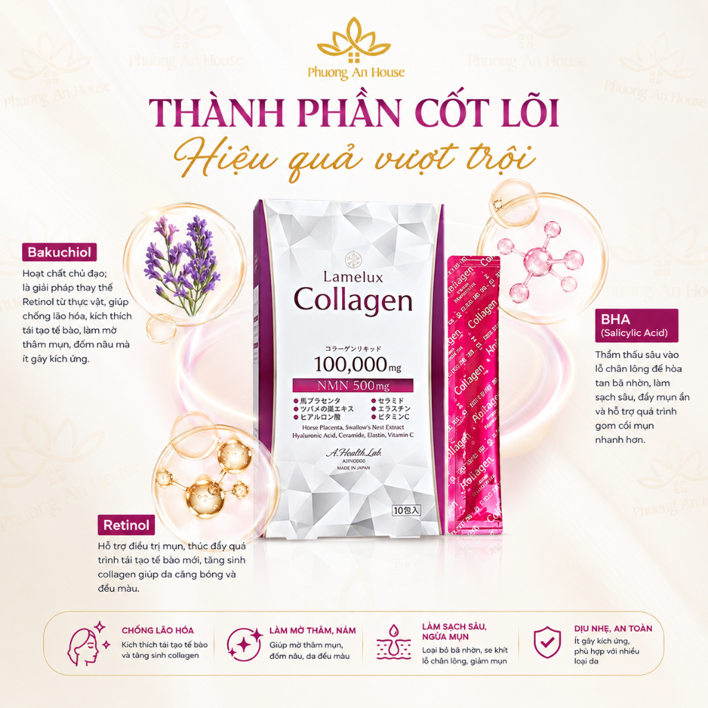 Nước uống Collagen & NMN 100000mg Lamelux Aishodo giúp đẹp da (12gr x 10 gói) Phương An House