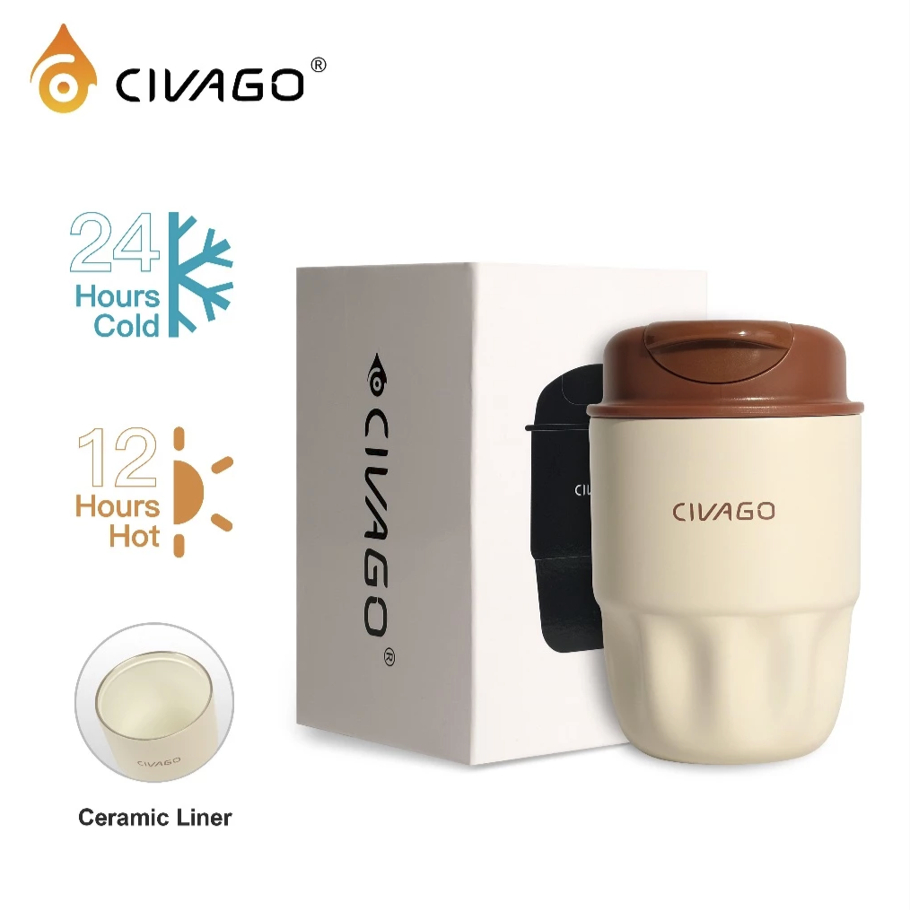 CIVAGO (10oz) Cốc cà phê thép không gỉ lót gốm có nắp, bình giữ nhiệt, cốc du lịch tiện lợi