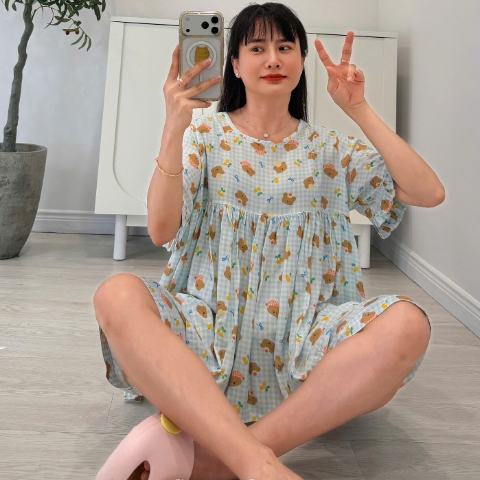 (43-98KG) Bộ tole lửng babydoll,  FORM RỘNG hàng thiết kế bèo 2 lớp - Nocnhamacdobo