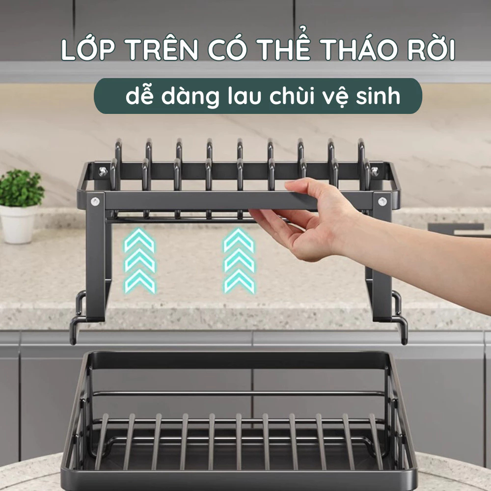 Kệ Úp Chén Bát Khung Thép Carbon Chống Gỉ HOMIE, Giá Để Bát Đĩa 2 Tầng Đa Năng Có Khay Thoát Nước