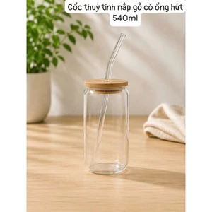 Ly Thủy Tinh Nắp Gỗ Kèm Ống Hút Thủy Tinh 550ml – Chịu Nhiệt, Nắp Gỗ Tre, Ống Hút Thủy Tinh