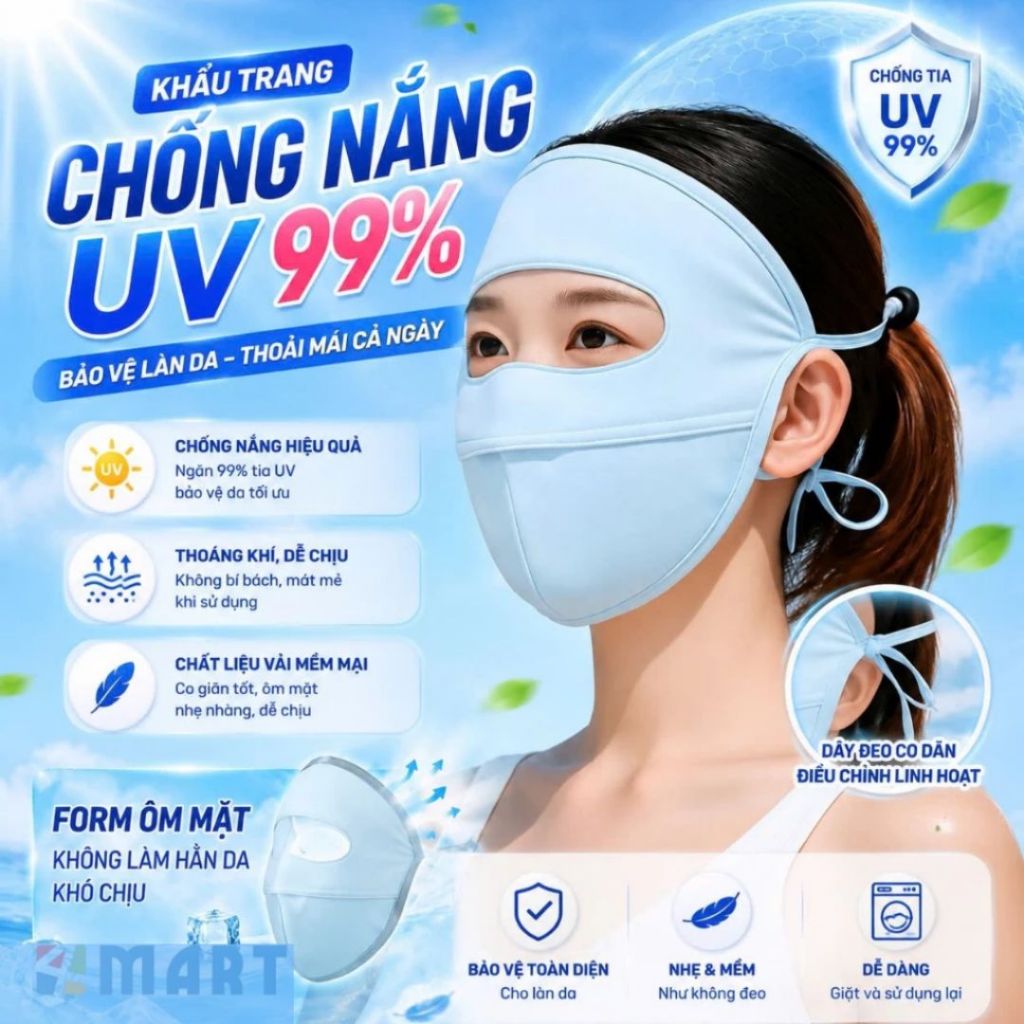 Khẩu trang chống nắng tia UV toàn mặt MINSU chất lụa băng mịn mát thoáng khí phù hợp cho cả nam và nữ.