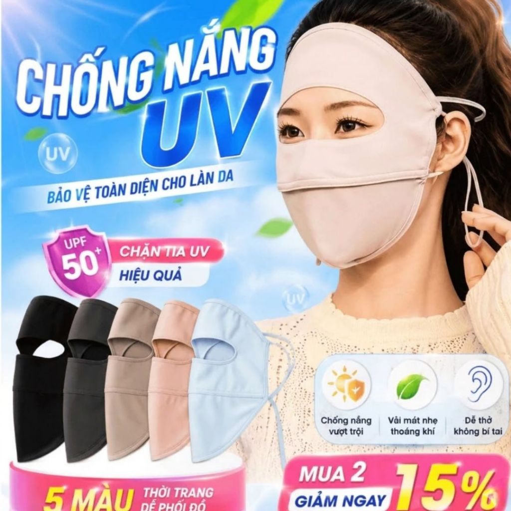 Khẩu trang chống nắng tia UV toàn mặt MINSU chất lụa băng mịn mát thoáng khí phù hợp cho cả nam và nữ.