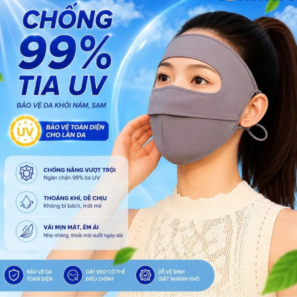 Khẩu trang chống nắng tia UV toàn mặt MINSU chất lụa băng mịn mát thoáng khí phù hợp cho cả nam và nữ.
