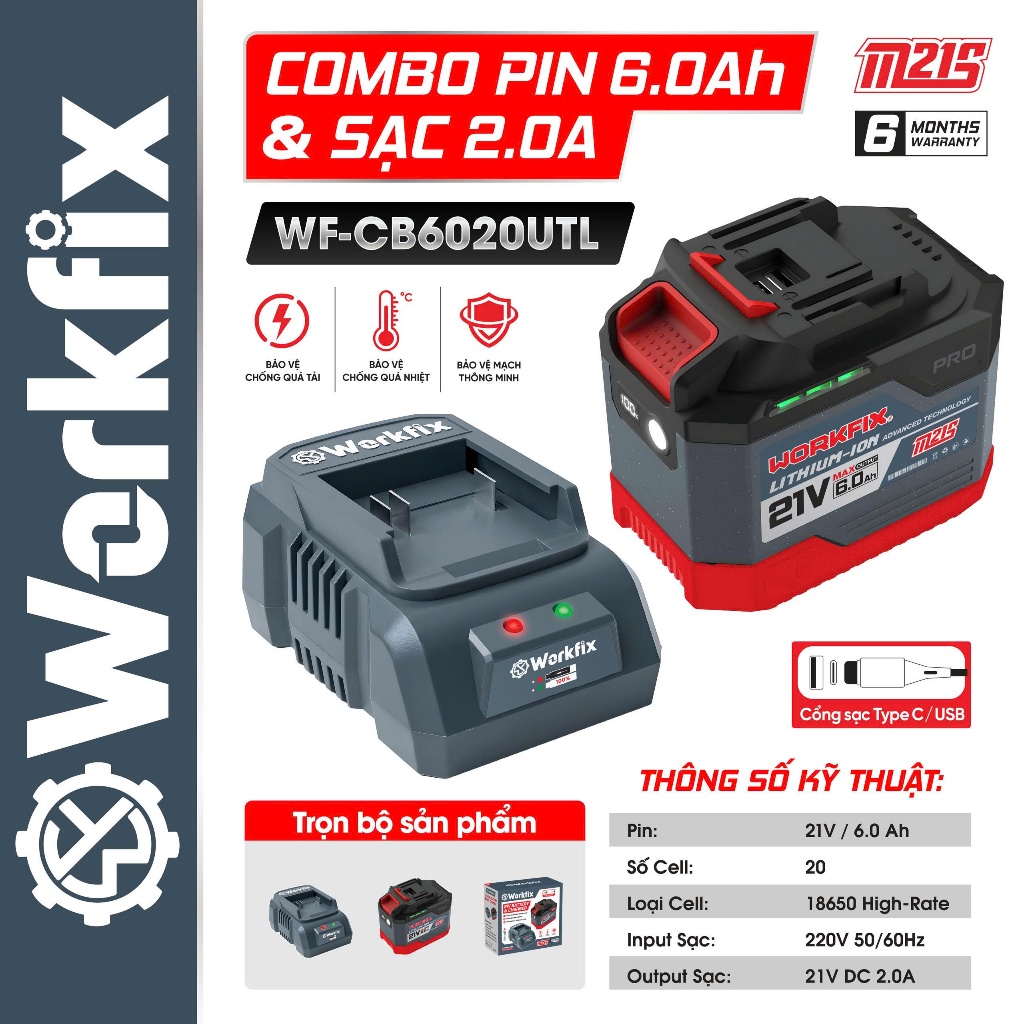 Combo pin sạc WORKFIX WF-CB6020UTL 20 CELL - 6Ah - USB/TYPE C/LED + Sạc 2A Dùng cho máy khoan, bulong, vặn vít
