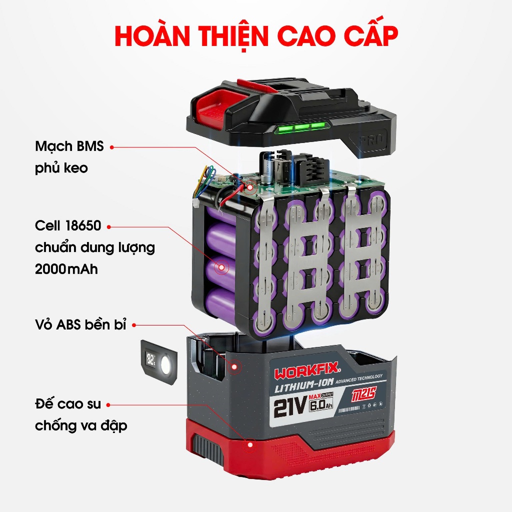 Combo pin sạc WORKFIX WF-CB6020UTL 20 CELL - 6Ah - USB/TYPE C/LED + Sạc 2A Dùng cho máy khoan, bulong, vặn vít
