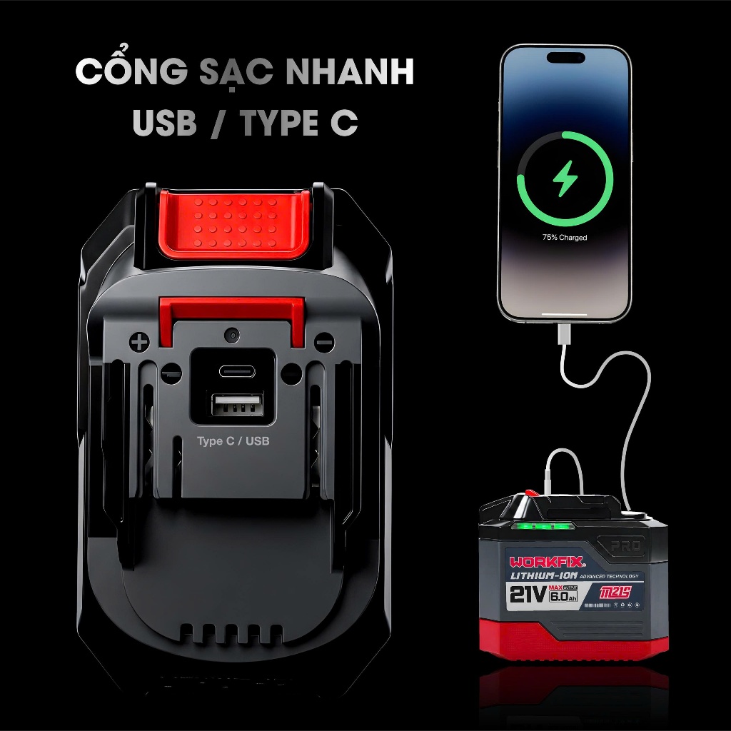 Combo pin sạc WORKFIX WF-CB6020UTL 20 CELL - 6Ah - USB/TYPE C/LED + Sạc 2A Dùng cho máy khoan, bulong, vặn vít