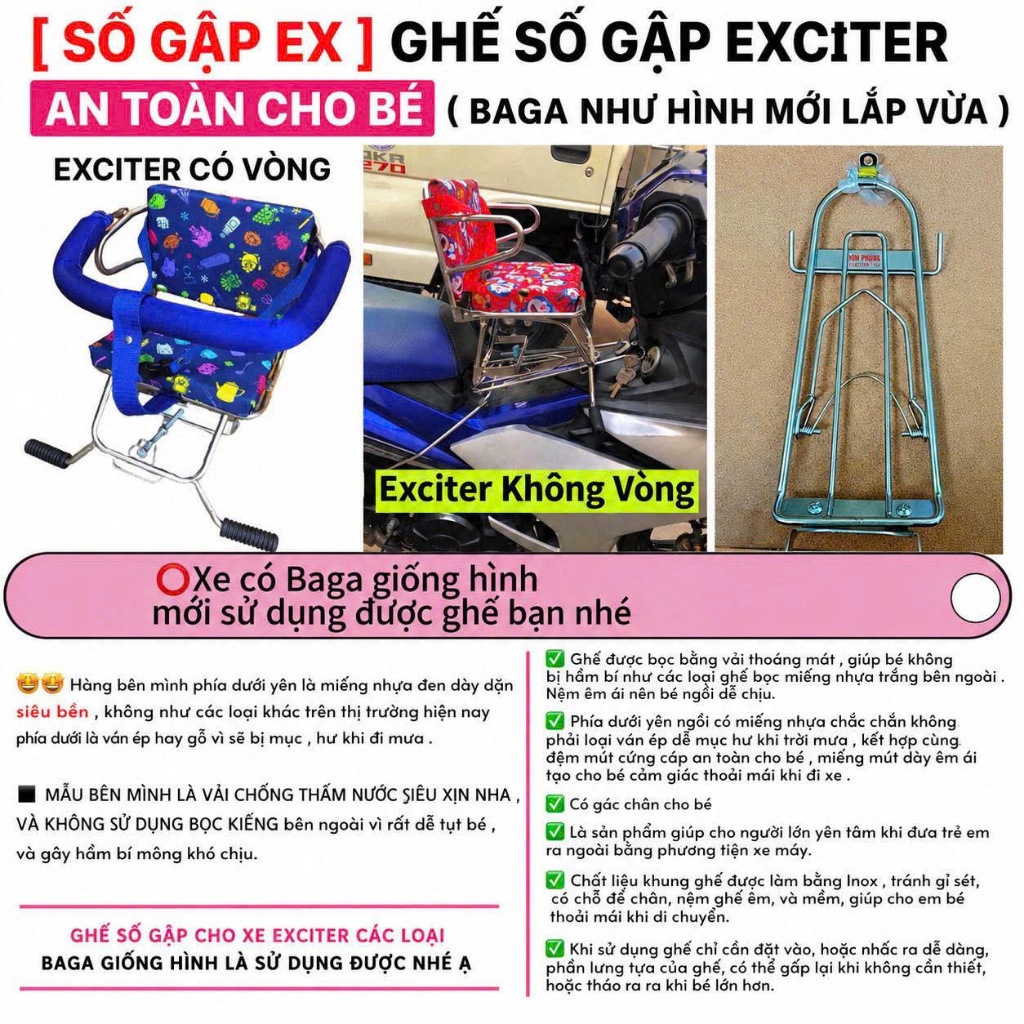 [ SỐ GẬP ] GHẾ SỐ XE MÁY CHO BÉ LOẠI GẬP – CÓ VÒNG / KHÔNG VÒNG AN TOÀN