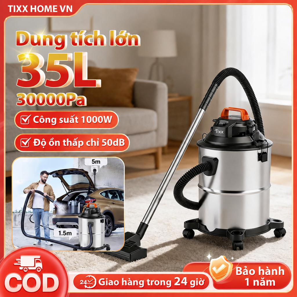Tixx máy hút bụi 35L Máy hút bụi gia đình 1000W 50dB Máy hút bụi đa năng