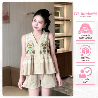 Set áo kiểu nữ babydoll không tay kèm quần đùi chất đũi form 45-60kg