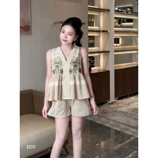 Set áo kiểu nữ babydoll không tay kèm quần đùi chất đũi form 45-60kg