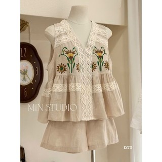 Set áo kiểu nữ babydoll không tay kèm quần đùi chất đũi form 45-60kg