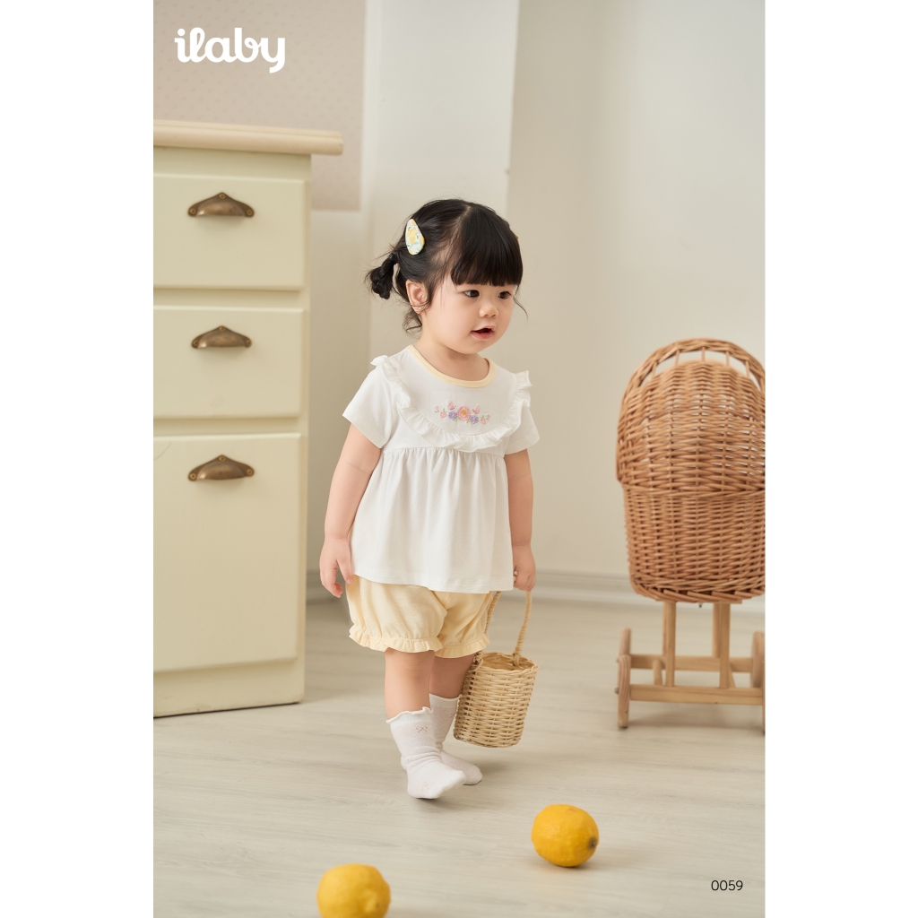 [IBABY 6M-4Y] Set bộ bé gái áo bèo thêu hoa phối quần chũm dễ thương chất cotton mềm mịn [0059]