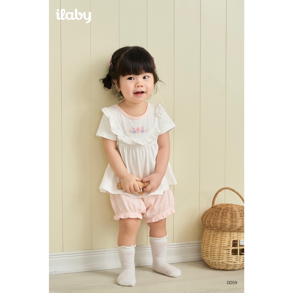 [IBABY 6M-4Y] Set bộ bé gái áo bèo thêu hoa phối quần chũm dễ thương chất cotton mềm mịn [0059]