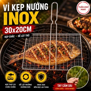 Vỉ kẹp nướng thịt cá, Vỉ nướng kẹp có tay cầm Inox hình chữ nhật 30x20cm