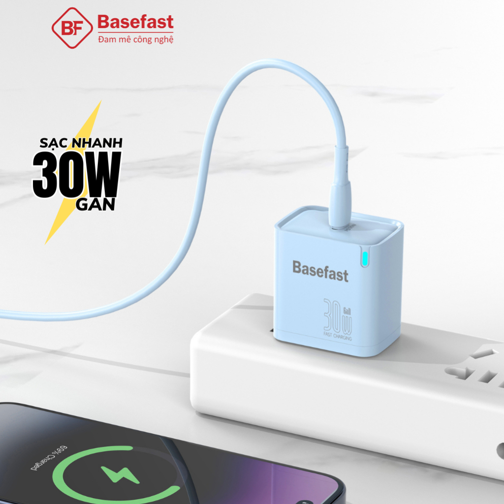 Bộ sạc nhanh 30W C to L Basefast Củ GaN kèm dây chống quá tải nhiệt cho xs xr 11 12 13 14 pro
