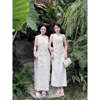 Váy linen dài liền cho nữ, váy liền sát nách đính hoa dây sang trọng thanh lịch