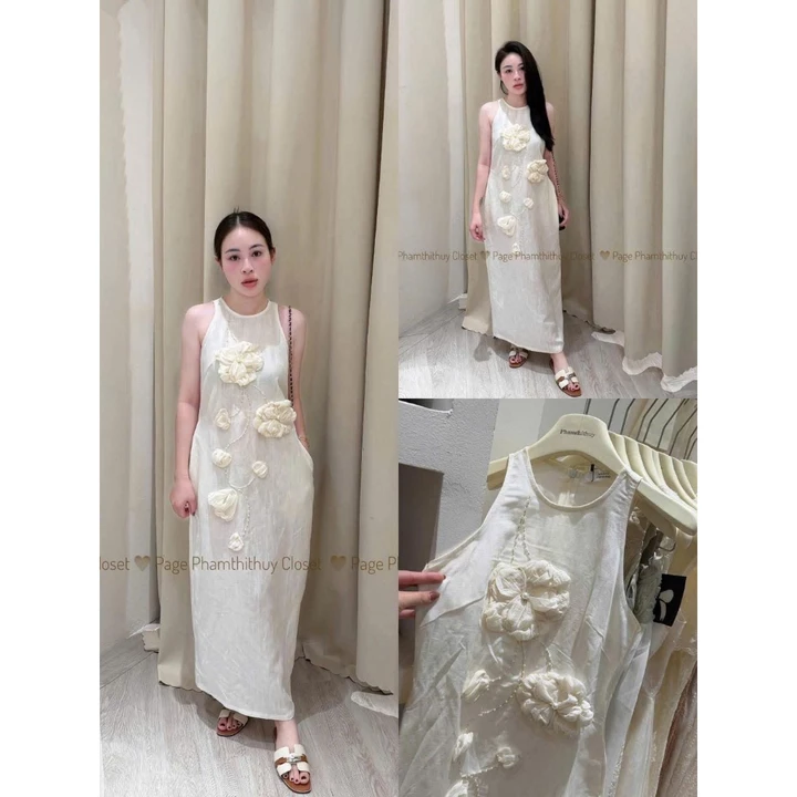 Váy linen dài liền cho nữ, váy liền sát nách đính hoa dây sang trọng thanh lịch
