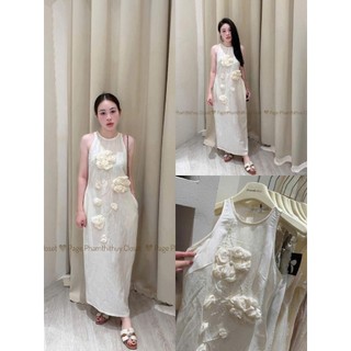 Váy linen dài liền cho nữ, váy liền sát nách đính hoa dây sang trọng thanh lịch