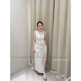 Váy linen dài liền cho nữ, váy liền sát nách đính hoa dây sang trọng thanh lịch