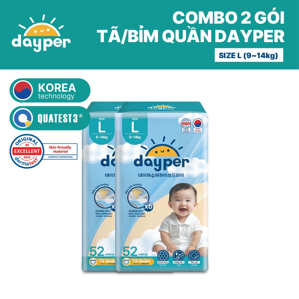 Combo 2 gói tã/bỉm quần Dayper S60/M58/L52/XL50/XXL46-Super Hive Dry thấm hút gấp 6 lần cho bé
