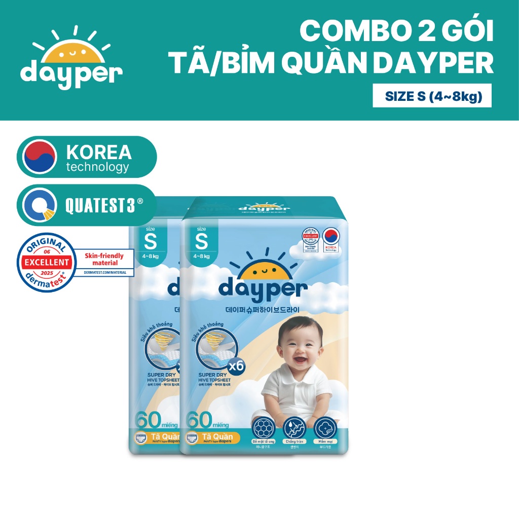 Combo 2 gói tã/bỉm quần Dayper S60/M58/L52/XL50/XXL46-Super Hive Dry thấm hút gấp 6 lần cho bé