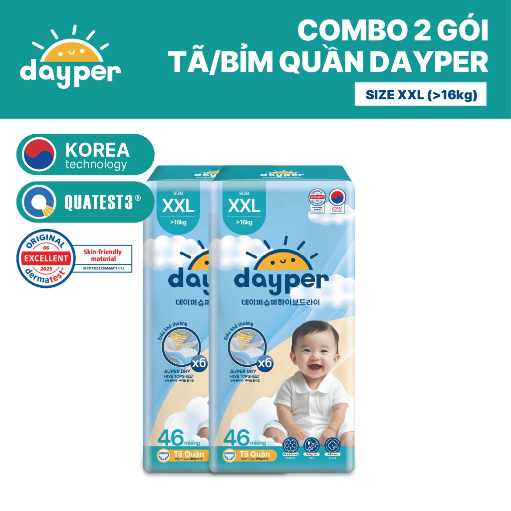 Combo 2 gói tã/bỉm quần Dayper S60/M58/L52/XL50/XXL46-Super Hive Dry thấm hút gấp 6 lần cho bé