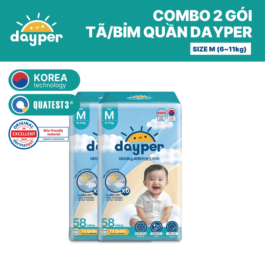 Combo 2 gói tã/bỉm quần Dayper S60/M58/L52/XL50/XXL46-Super Hive Dry thấm hút gấp 6 lần cho bé