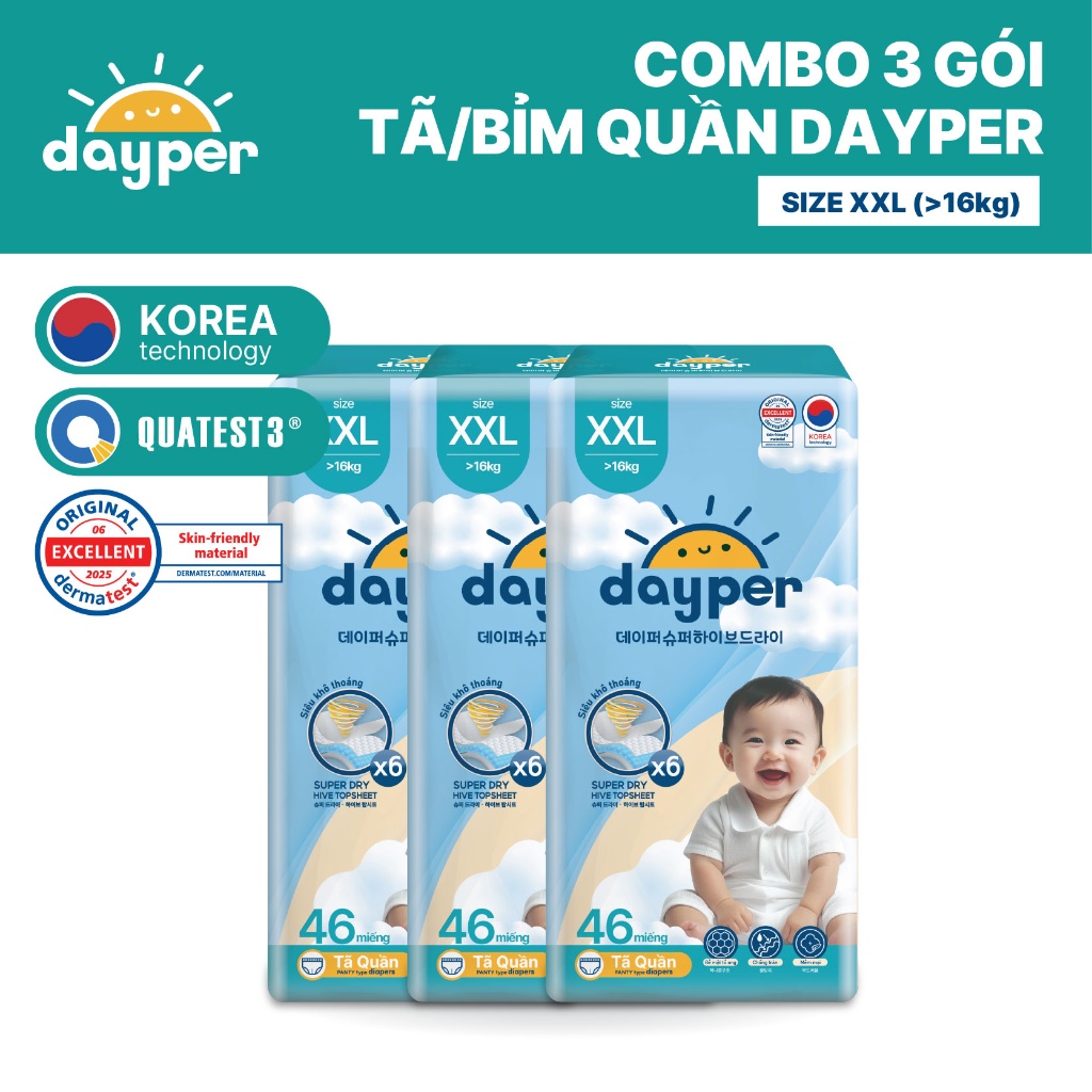 Combo 3 gói tã/bỉm quần Dayper S60/M58/L52/XL50/XXL46-Super Hive Dry thấm hút gấp 6 lần cho bé
