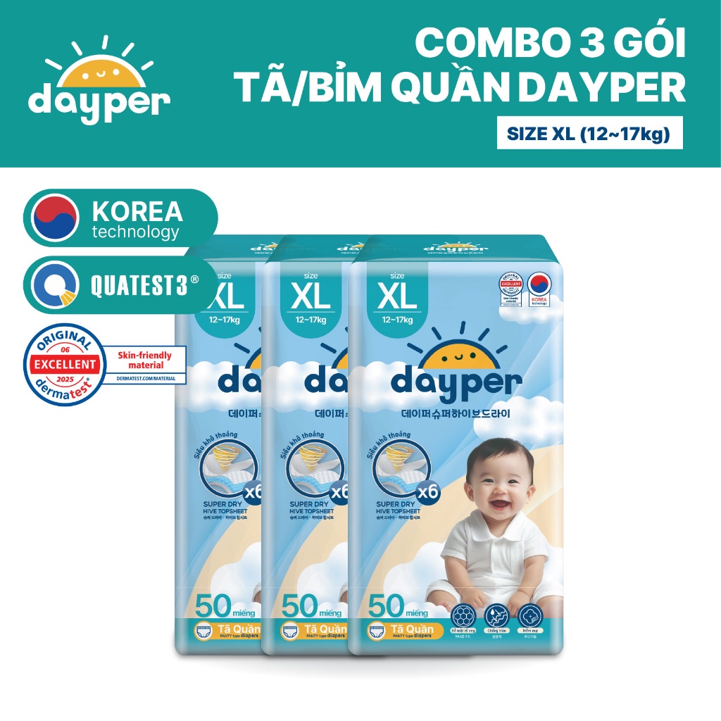 Combo 3 gói tã/bỉm quần Dayper S60/M58/L52/XL50/XXL46-Super Hive Dry thấm hút gấp 6 lần cho bé