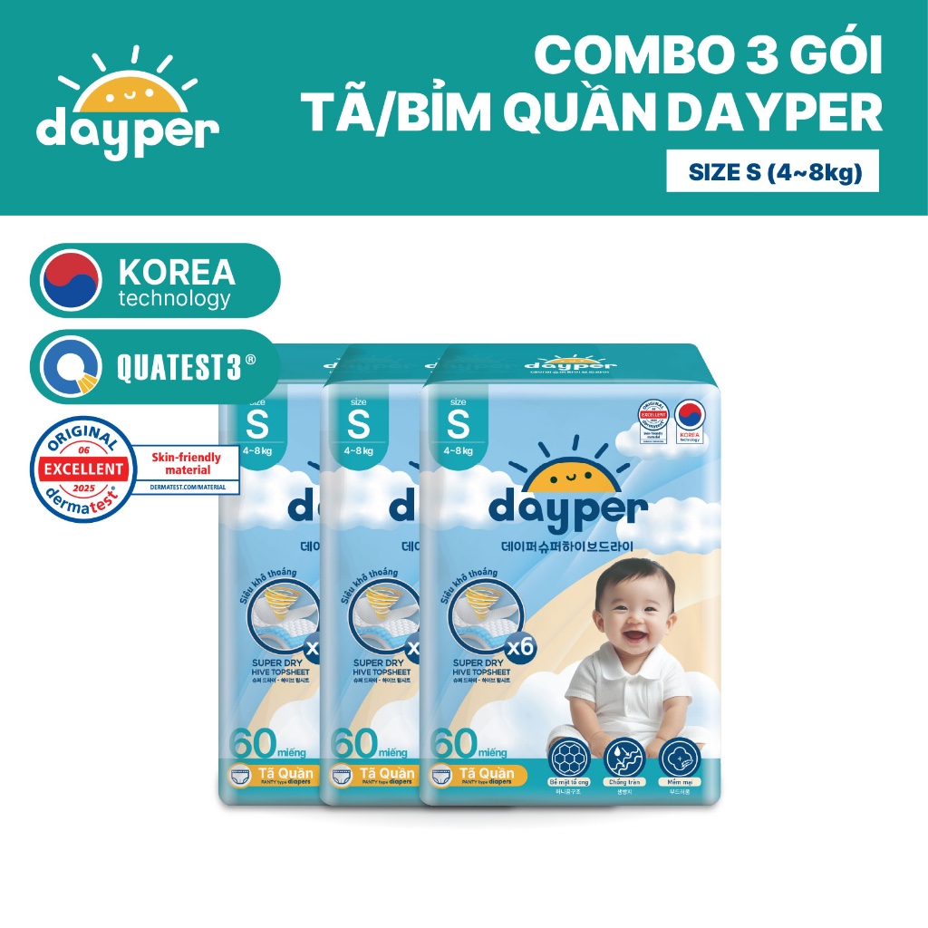 Combo 3 gói tã/bỉm quần Dayper S60/M58/L52/XL50/XXL46-Super Hive Dry thấm hút gấp 6 lần cho bé