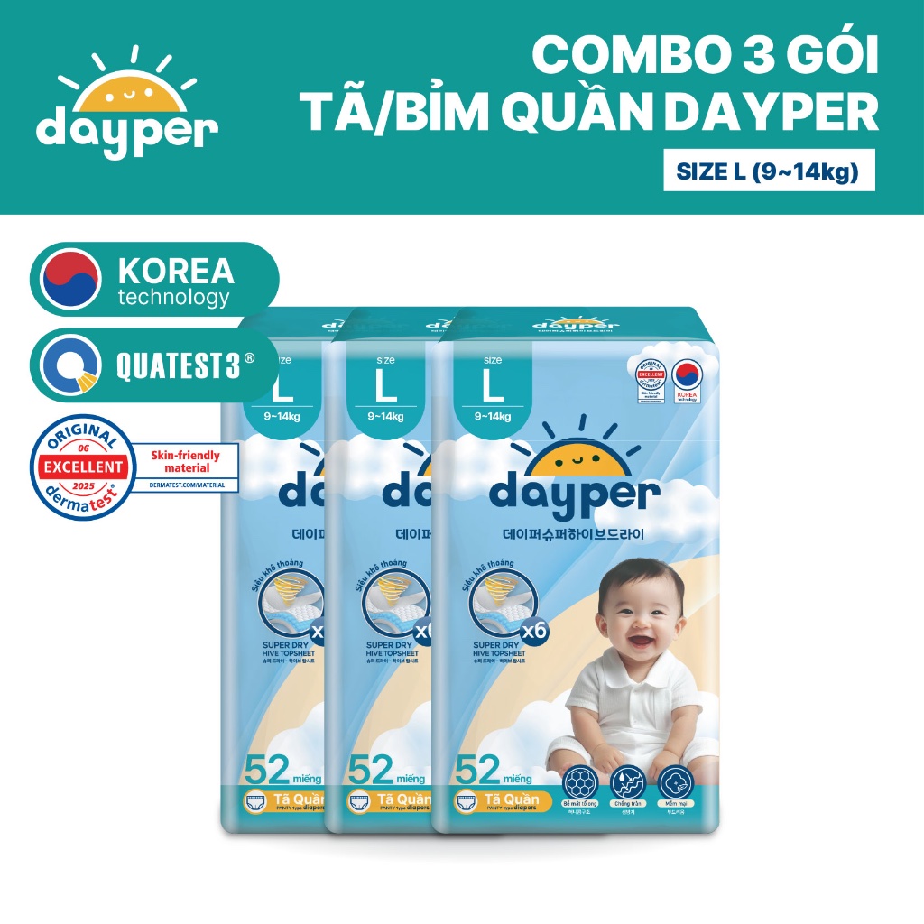 Combo 3 gói tã/bỉm quần Dayper S60/M58/L52/XL50/XXL46-Super Hive Dry thấm hút gấp 6 lần cho bé