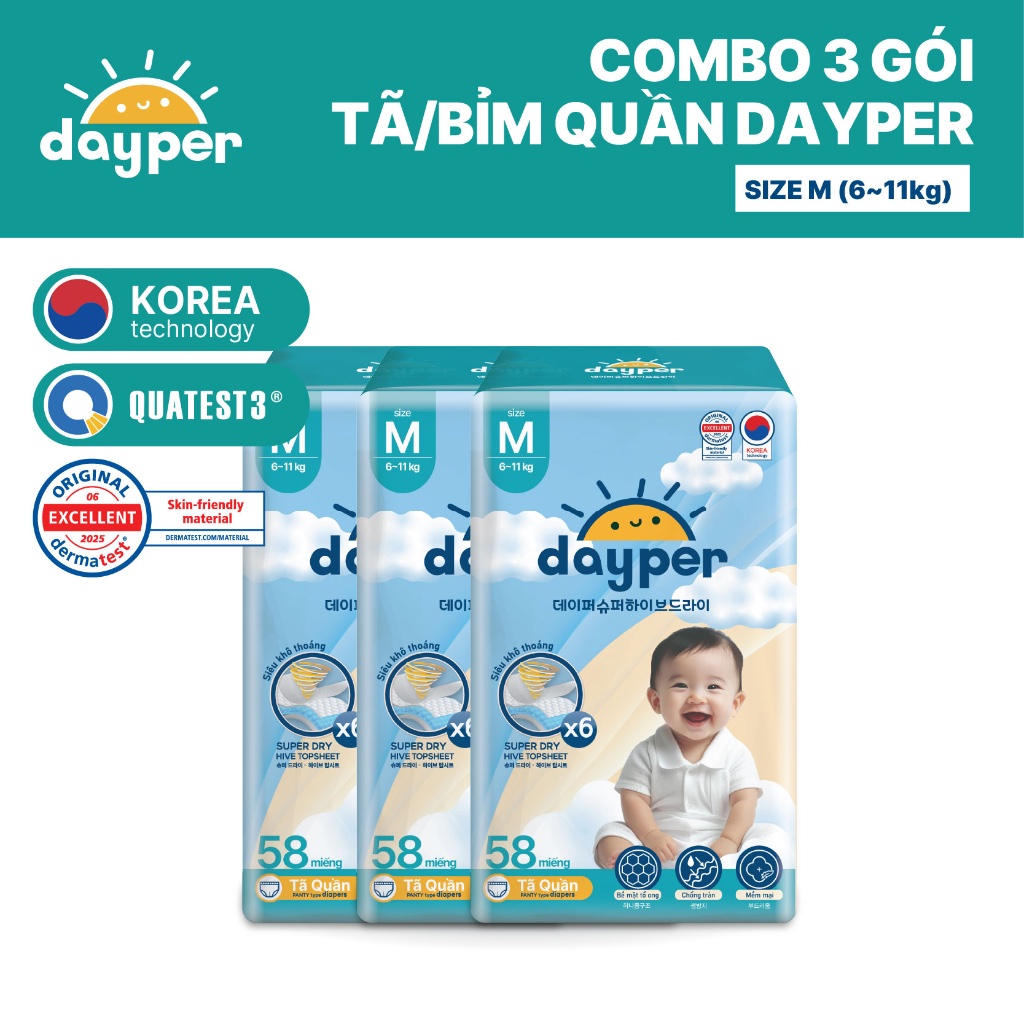 Combo 3 gói tã/bỉm quần Dayper S60/M58/L52/XL50/XXL46-Super Hive Dry thấm hút gấp 6 lần cho bé