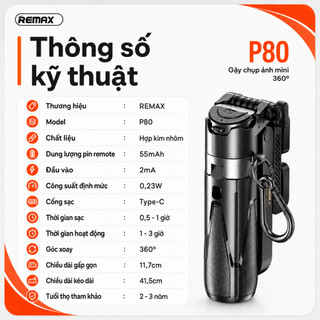 REMAX P80 Gậy Chụp Ảnh Mini 360° Kèm Remote Sạc Type-C Giá Đỡ Để Bàn