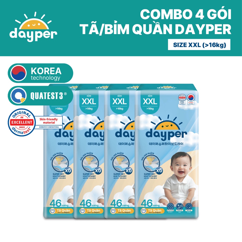 Combo 4 gói tã/bỉm quần Dayper S60/M58/L52/XL50/XXL46-Super Hive Dry thấm hút gấp 6 lần