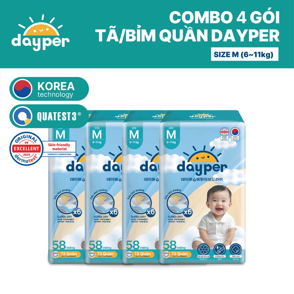 Combo 4 gói tã/bỉm quần Dayper S60/M58/L52/XL50/XXL46-Super Hive Dry thấm hút gấp 6 lần